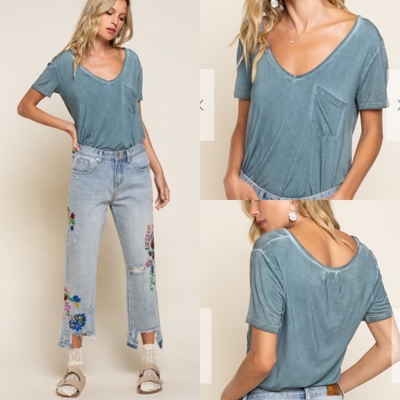 Desired Collection Tops - ✨NEW ✨ Washed Blue Sage Deep V-Neck T